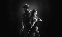 Portrait en noir et blanc d'Ellie et Joel, tous deux armés, pour un artwork de The Last of Us Remastered.