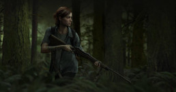 Artwork de The Last of Us Part II présentant Ellie, dix-neuf ans, avançant de profil en forêt, fusil à la main.