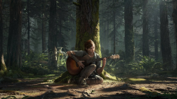 Artwork promotionnelle de The Last of Us Part II. Au centre de l'image, Ellie, 19 ans, est assise au pied d'un arbre. Elle joue de sa guitare au milieu d'une forêt vide. En arrière-plan, on aperçoit, entre les arbres, la carcasse d'une voiture ainsi que la devanture d'une maison sans doute abandonnée.