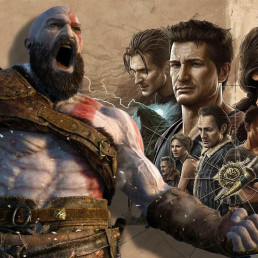 Montage de Kratos, le héros de God of War, poussant un cri, superposé à l'artwork de la jaquette de Uncharted: Legacy of Thieves Collection..