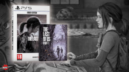 Montage de la boîte et du steelbook de l'édition Firefly de The Last of Us Part I, par-dessus une image du jeu sur laquelle Ellie joue à une borne d'arcade.
