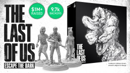 Banniere définitive de la campagne Kickstarter de The Last of Us: Escape The Dark, mettant en avant le logo du jeu de plateau de Themeborne ainsi que la boîte et les pions de l'édition collector.