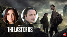 Montage des portraits de Emmylou Homs et Boris Rehlinger sur une image promotionnelle de la série The Last of Us (HBO) qui montre Ellie et Joel jetant un regard derrière eux alors qu'ils avancent vers une ville en ruines.