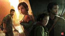 Artworks accolés de la jaquette de The Last of Us (2013) et de la saison 1 de la série The Last of Us (HBO). L'un et l'autre montre Ellie et Joel.