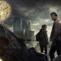 Montage photo d'une image promotionnelle de la série The Last of Us (HBO), qui met en avant Ellie et Joel, et du trophée des Emmy Awards.