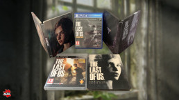Photo de plusieurs boîtes de jeux The Last of Us. L'arrière-plan utilisé est l'écran d'accueil du premier opus, flouté pour faire ressortir les boîtes.