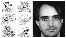 Plusieurs croquis de personnages de Crash à côté d'un portrait de Brendan O'Brien.