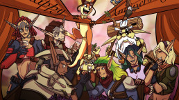 Dessin numérique des personnages de Jak II réunis autour d'une table avec une banderole 