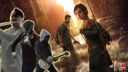 Montage de musciens (un flûtiste, une violiniste et un guitariste) avec, en fond, un artwork du premier The Last of Us qui montre Ellie et Joel jetant un œil derrière eux alors qu'ils avancent dans une ville.