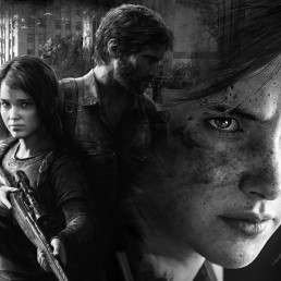 Image en noir et blanc, très contrastée. Gros plan du visage d'Ellie, 19 ans, à droite. À gauche se dessinent les silhouettes de la Ellie de 14 ans et de Joel, tels qu'ils sont représentés sur la jaquette de The Last of Us Remastered.