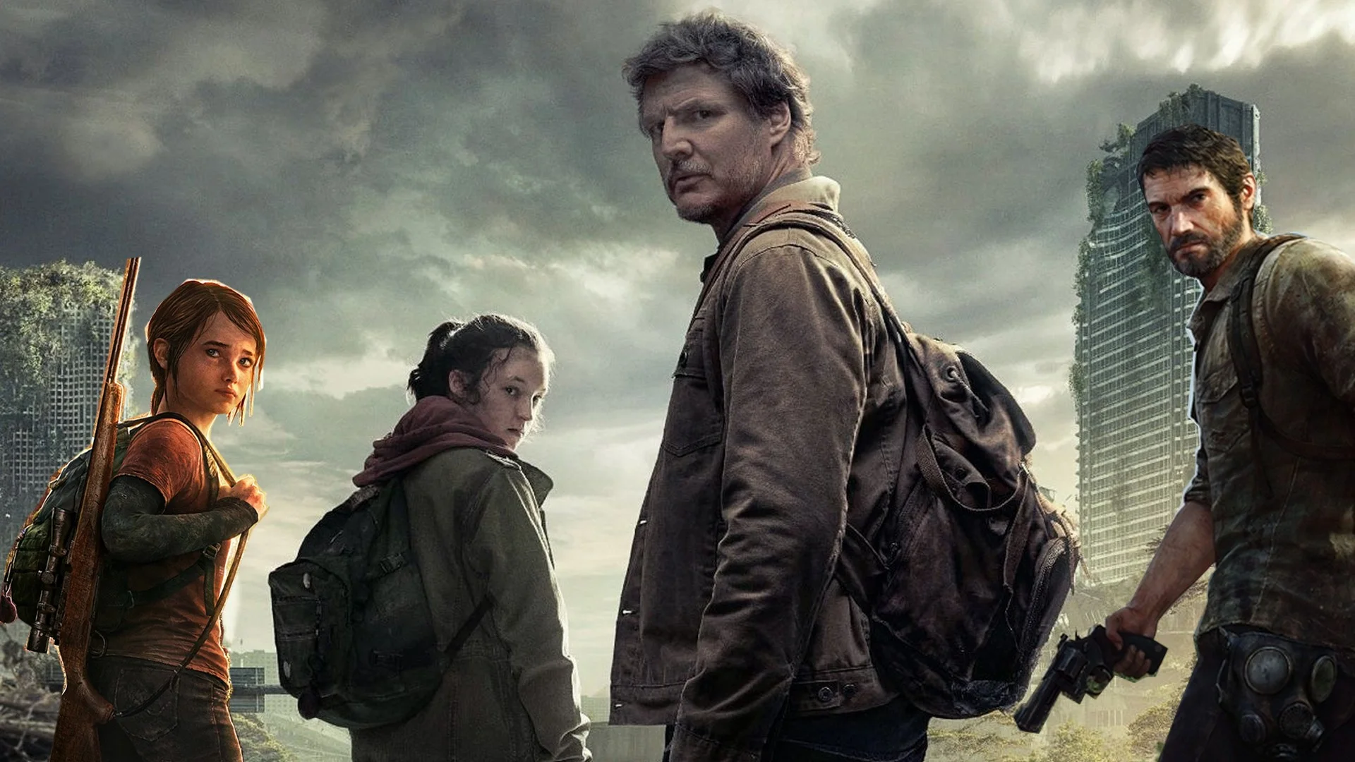 Visuel promotionnel de la saison 1 de The Last of Us avec les personnages d'Ellie et Joel de la jaquette 2013 du jeu.